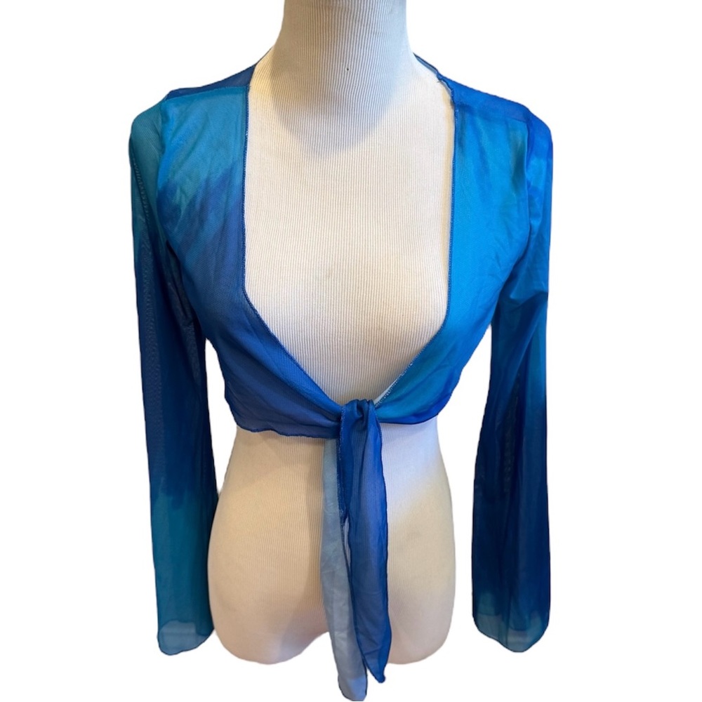 Blue Ombre Mesh Tie Front Top Semi Sheer Long Sleeve M Cropped